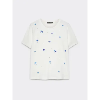 TSHIRT MET BLAUWE BLOEMEN EN GLITTER STEENTJES