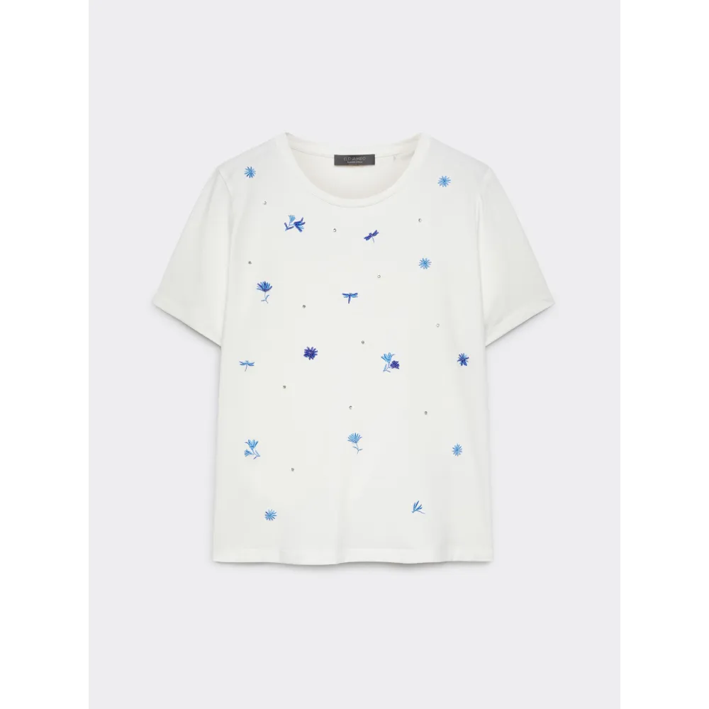 TSHIRT MET BLAUWE BLOEMEN EN GLITTER STEENTJES