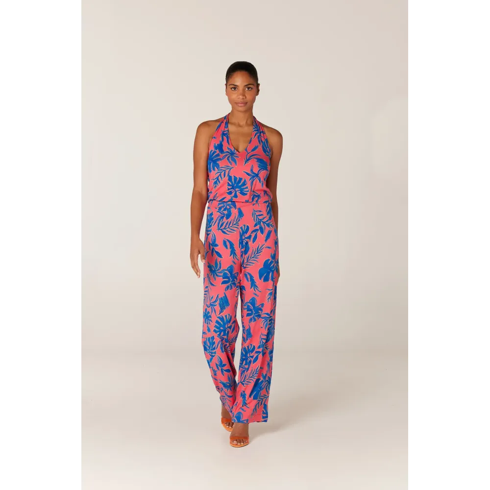 FIDELA JERSEY BEDRUKTE JUMPSUIT MET HALTERNEK