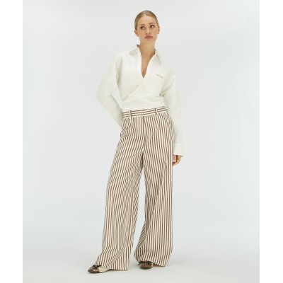ODESSA mid rise wide leg broek met strepen - chocolate brown