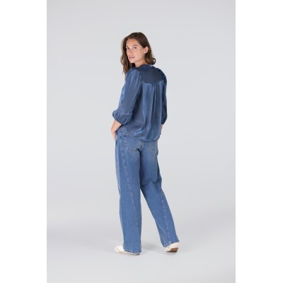 Bo glans blouse met pofmouw | Blauw