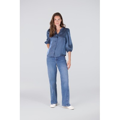 Bo glans blouse met pofmouw | Blauw