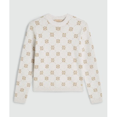 FAE straight fit trui met logoprint - light warm grey melange