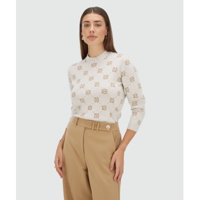 FAE straight fit trui met logoprint - light warm grey melange