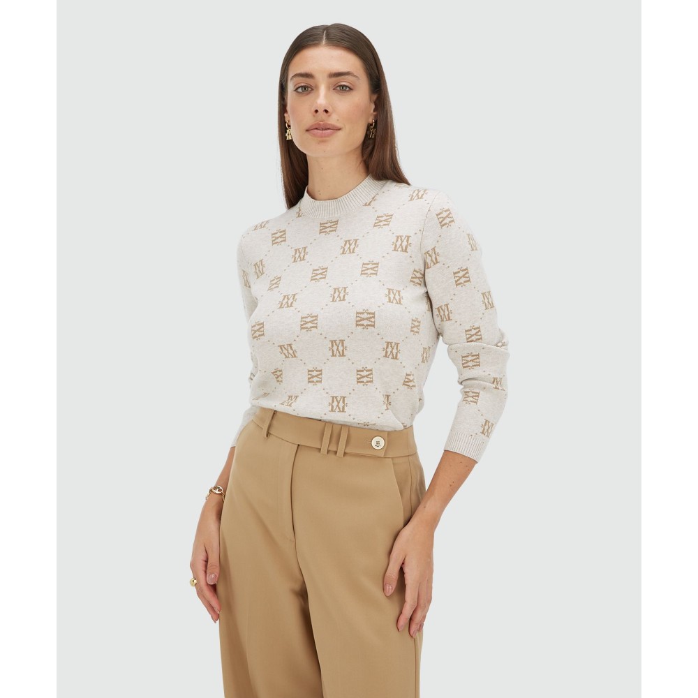 FAE straight fit trui met logoprint - light warm grey melange