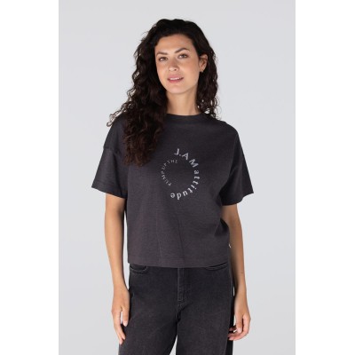 Lara boxy t-shirt met glitterprint | Antraciet