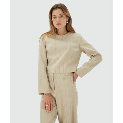 VIVANNA cropped regular top met krijtstreep - light beige