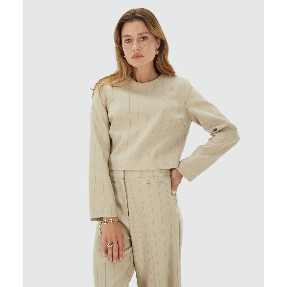 VIVANNA cropped regular top met krijtstreep - light beige