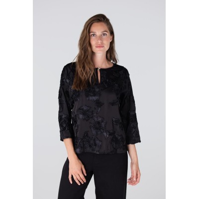Indi blouse met 3d bloemenprint | Zwart