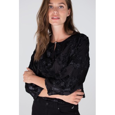 Indi blouse met 3d bloemenprint | Zwart