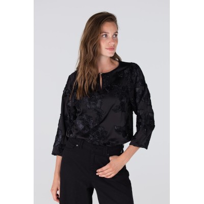 Indi blouse met 3d bloemenprint | Zwart