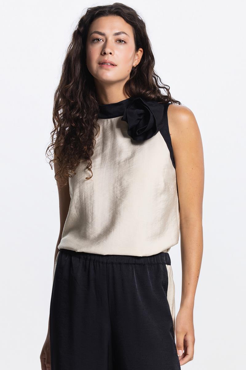 Paisley mouwloze blouse – Klei / Zwart