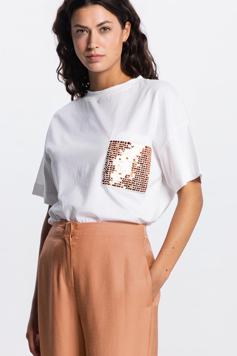 LIV T-Shirt met pailletten zakje in wit