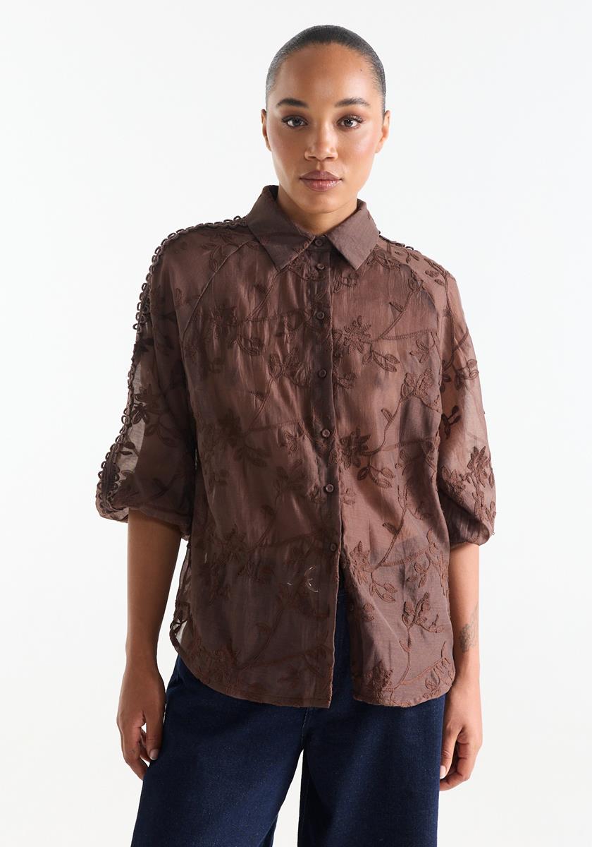 Bisa Bruine blouse met bloemenborduursel