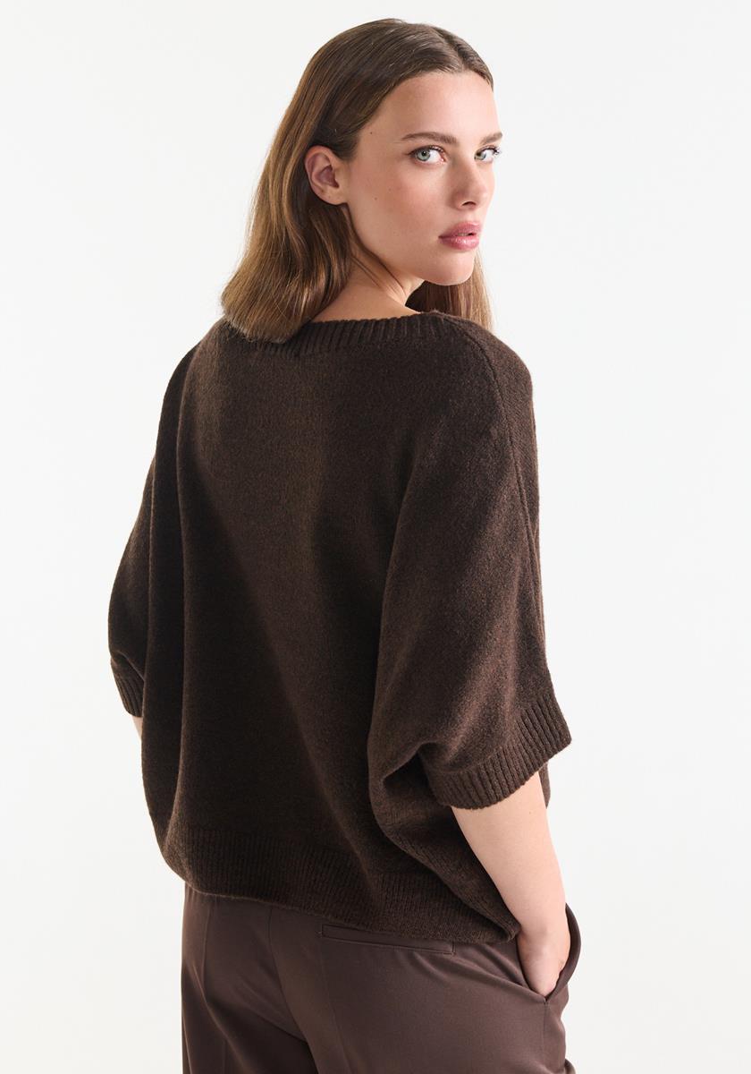 Dacota Bruine trui met korte mouwen en zachte knitstructuur