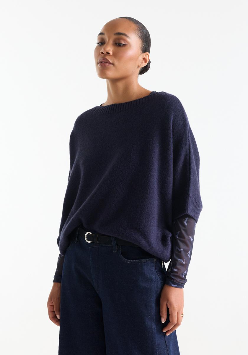 Dacota Donkerblauw trui met korte mouwen en zachte knitstructuur