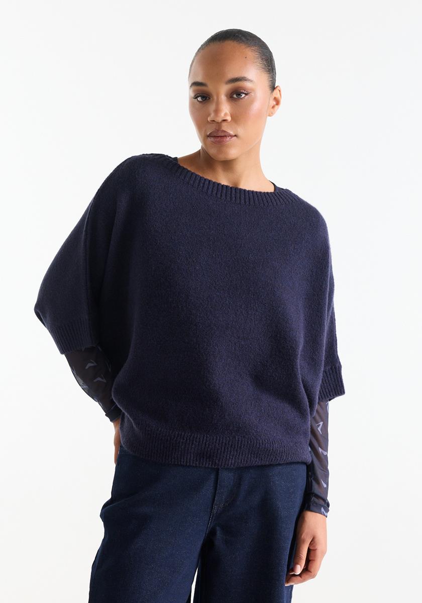 Dacota Donkerblauw trui met korte mouwen en zachte knitstructuur