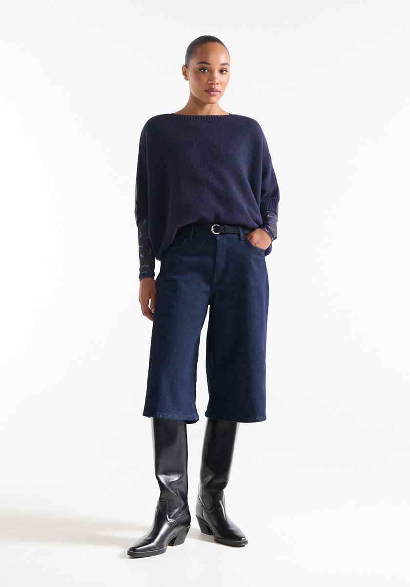 Dacota Donkerblauw trui met korte mouwen en zachte knitstructuur