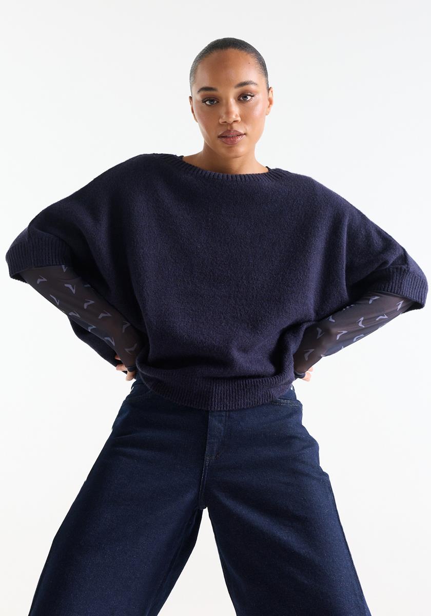 Dacota Donkerblauw trui met korte mouwen en zachte knitstructuur