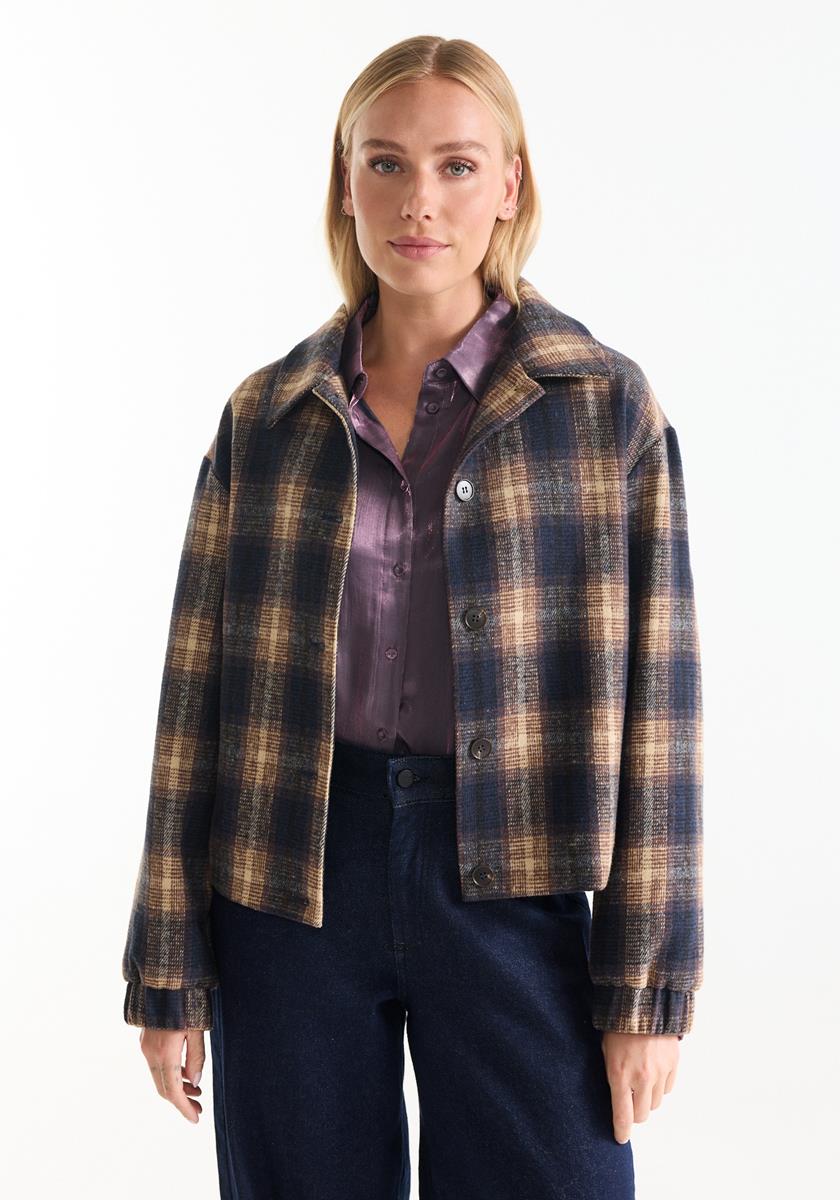 Jackie Korte geruite jas in camel