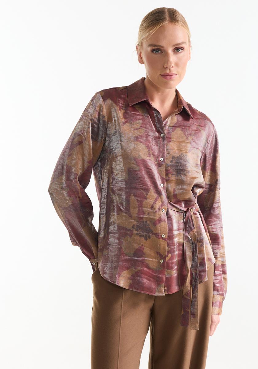 Blouse met botanische print in camel en rood