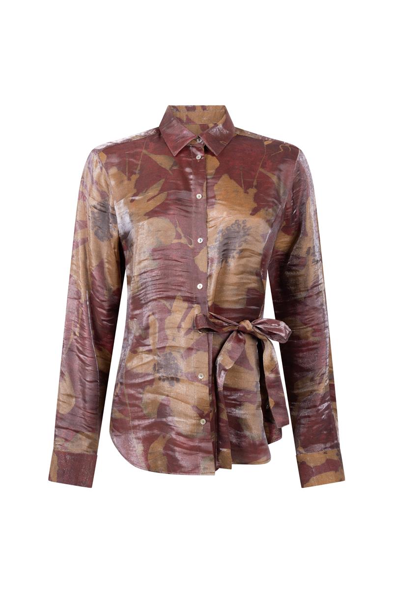 Blouse met botanische print in camel en rood