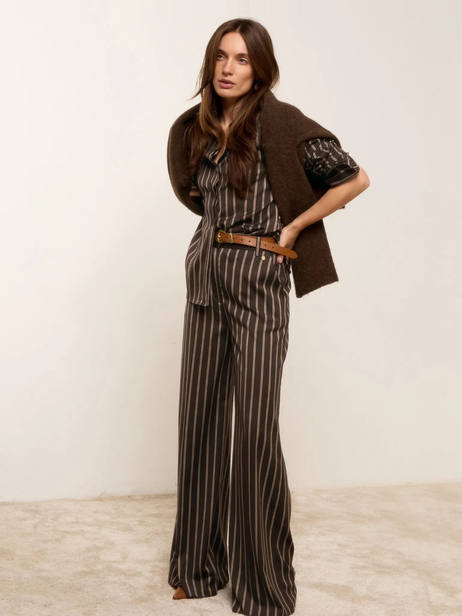 JV-DAVEY mid rise wide leg pantalon met strepen - dark brown stripe