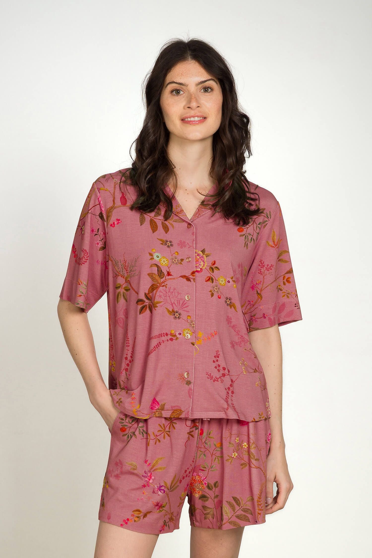 Flora Top Korte Mouw Bodhi Flower Donkerroze
