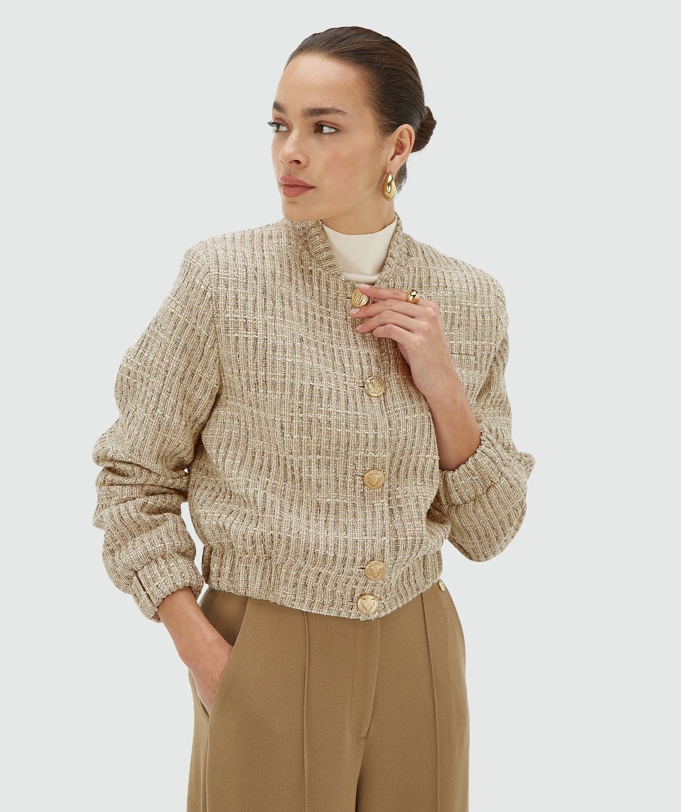 JUNIA regular bomber jacket met lurex - light ecru