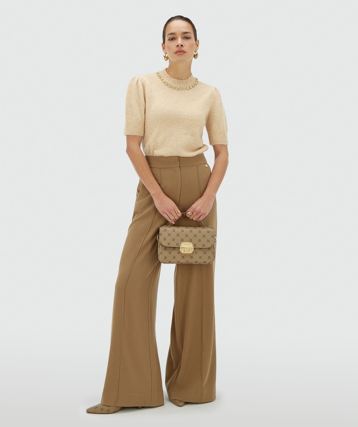 FRANKA slim fit top met merinowol - light beige melange