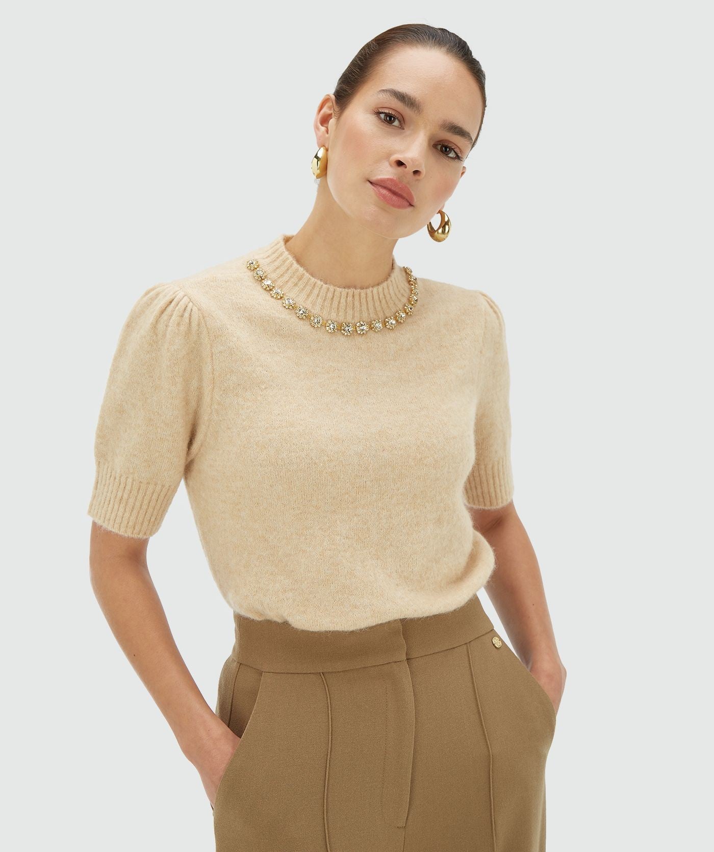 FRANKA slim fit top met merinowol - light beige melange