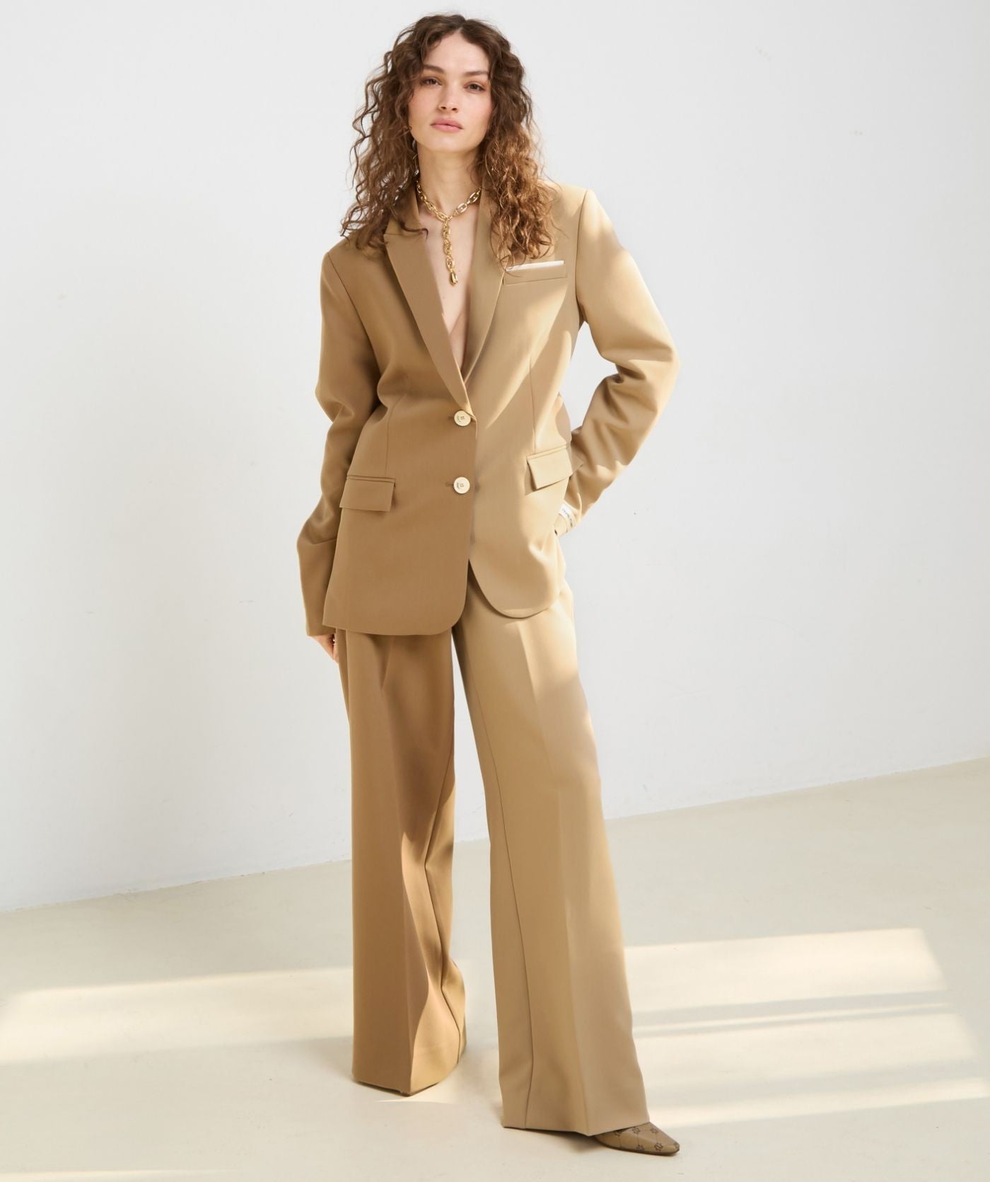 EMMA two-tone mid rise wide leg pantalon - khaki light camel