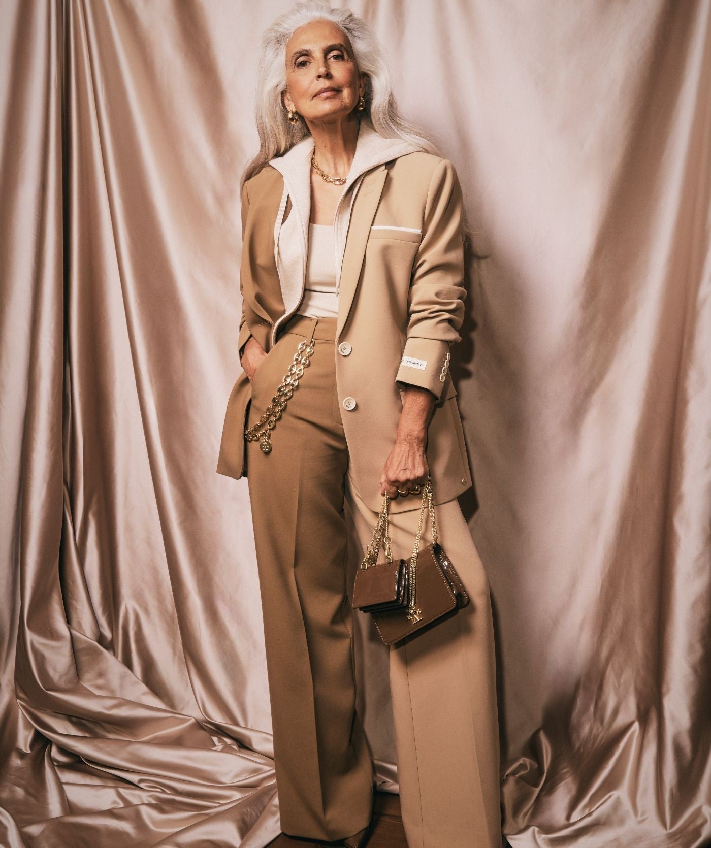 EMMA two-tone mid rise wide leg pantalon - khaki light camel