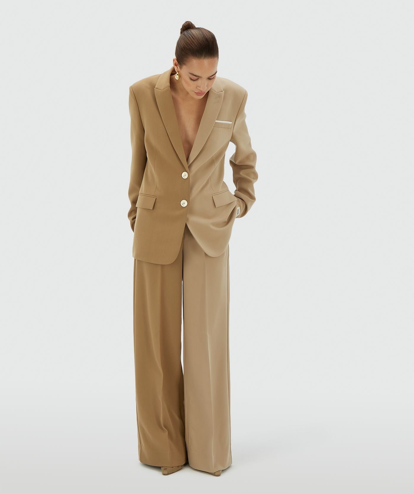 EMMA two-tone mid rise wide leg pantalon - khaki light camel