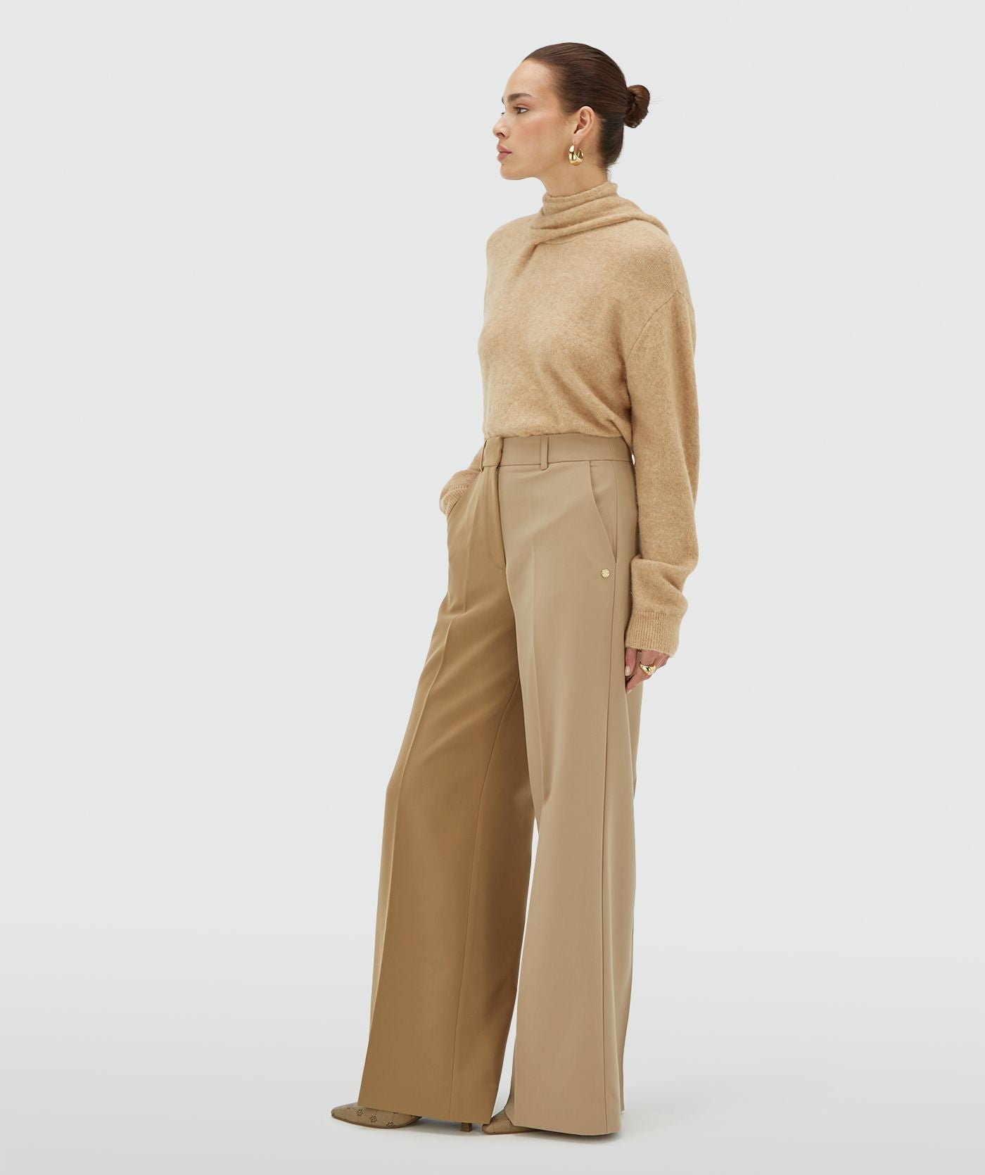 EMMA two-tone mid rise wide leg pantalon - khaki light camel