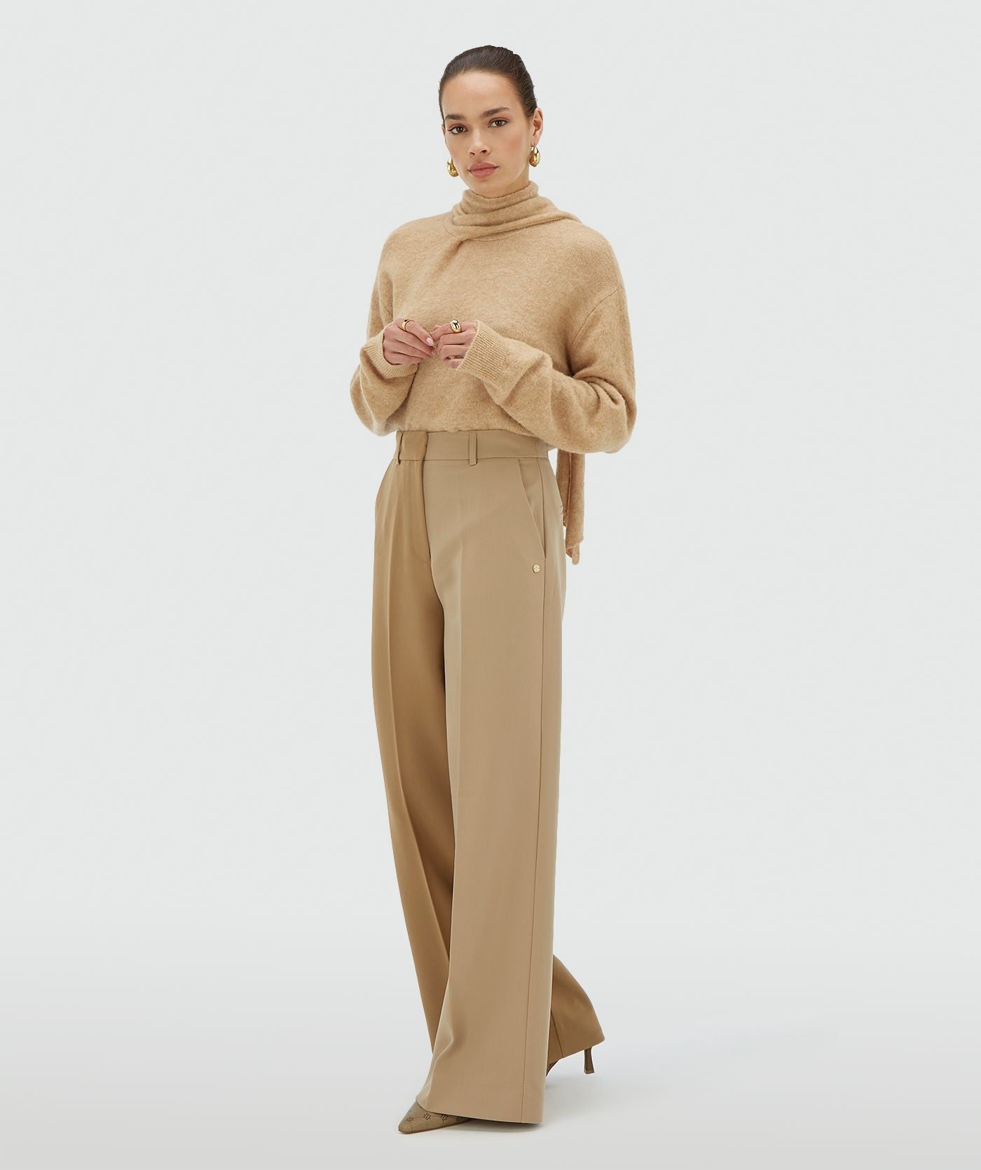 EMMA two-tone mid rise wide leg pantalon - khaki light camel