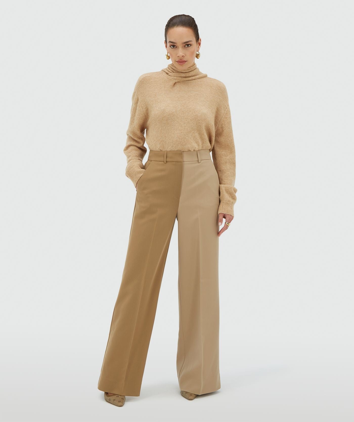EMMA two-tone mid rise wide leg pantalon - khaki light camel