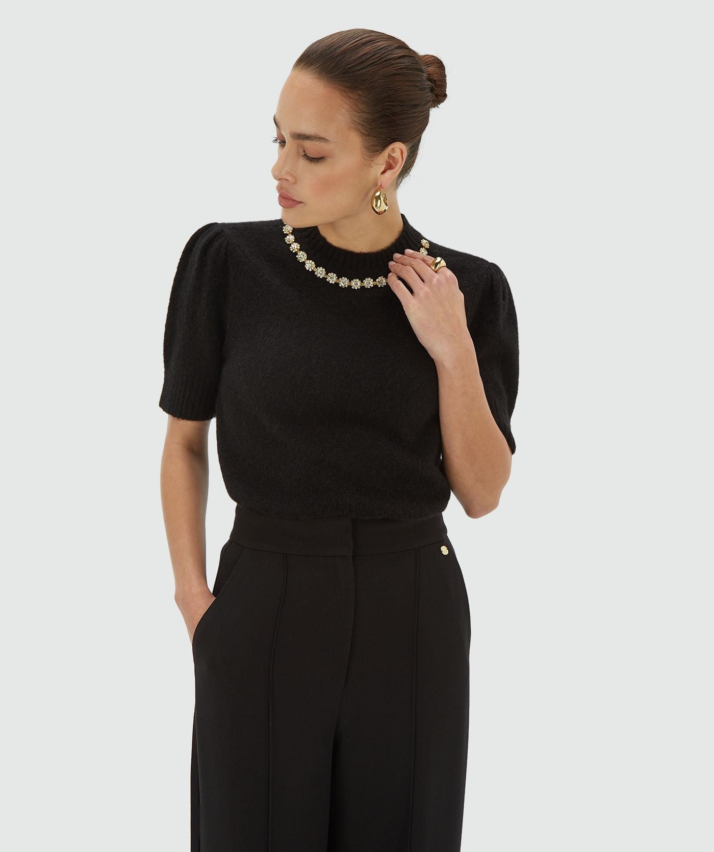 FRANKA slim fit top met merinowol - black