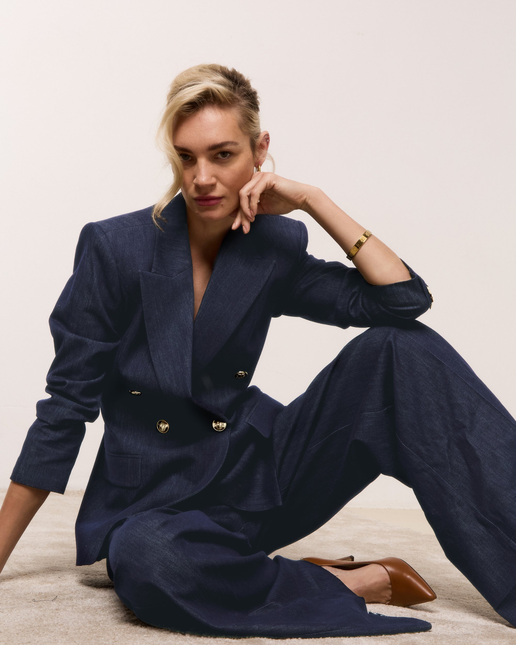 JV-INDRA high waisted wide leg pantalon - dark blue chambray