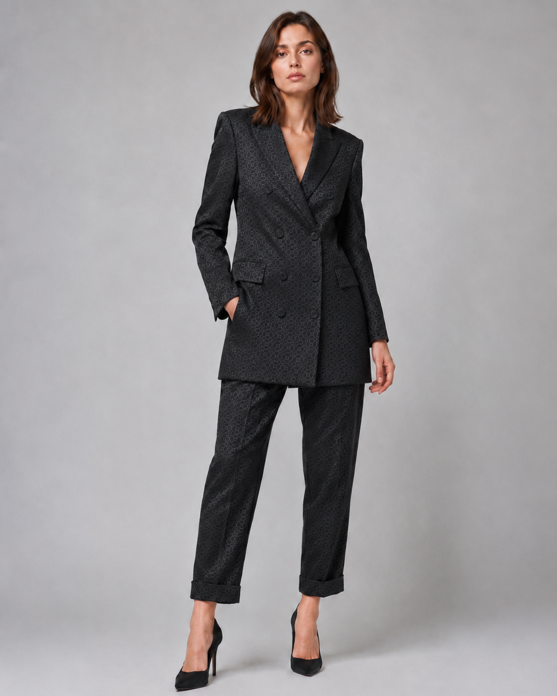 Dubbelrijige Blazer Geometric Jacquard Stretch – Antraciet