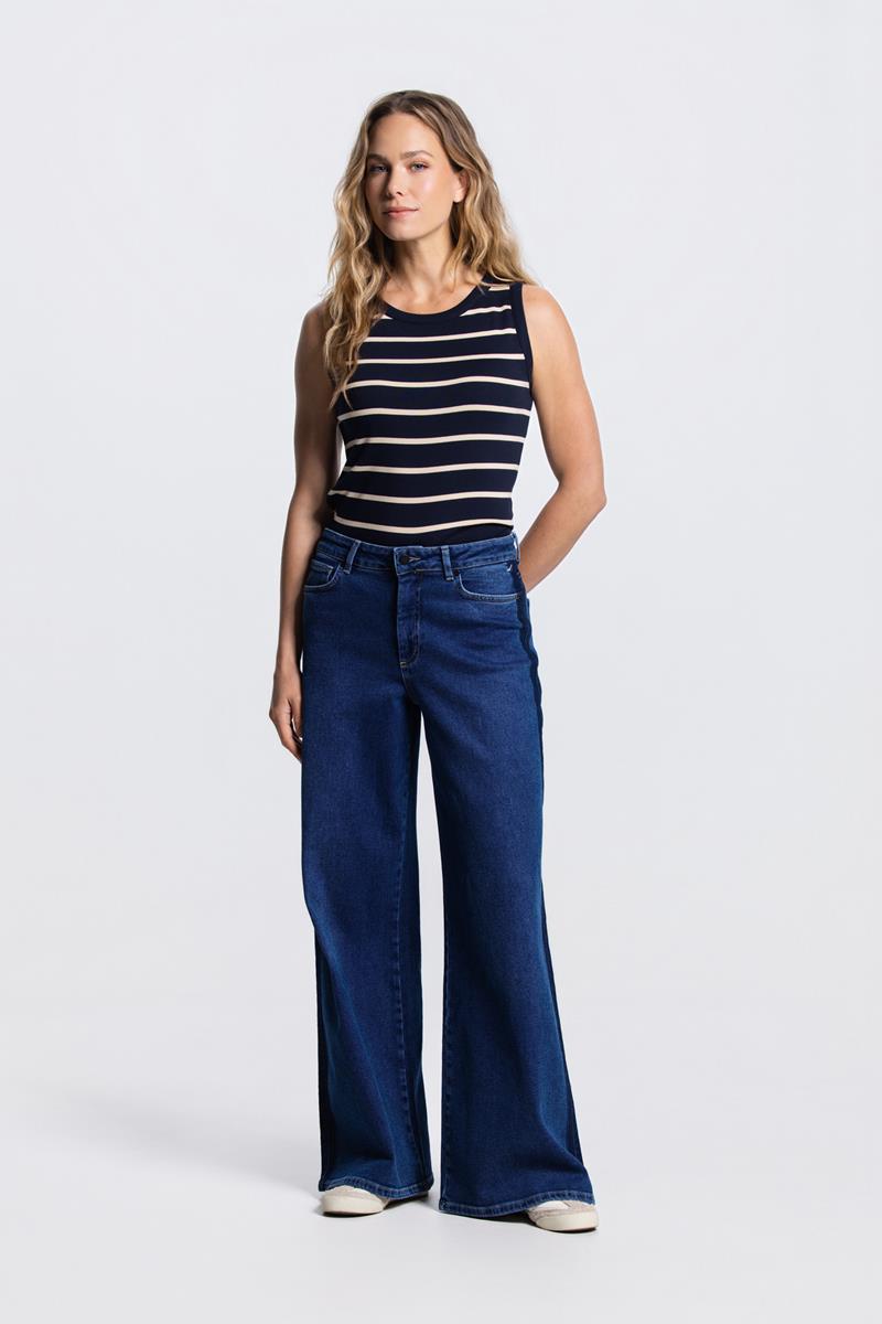 RIXT RIB SINGLET IN DONKERBLAUW/CREME