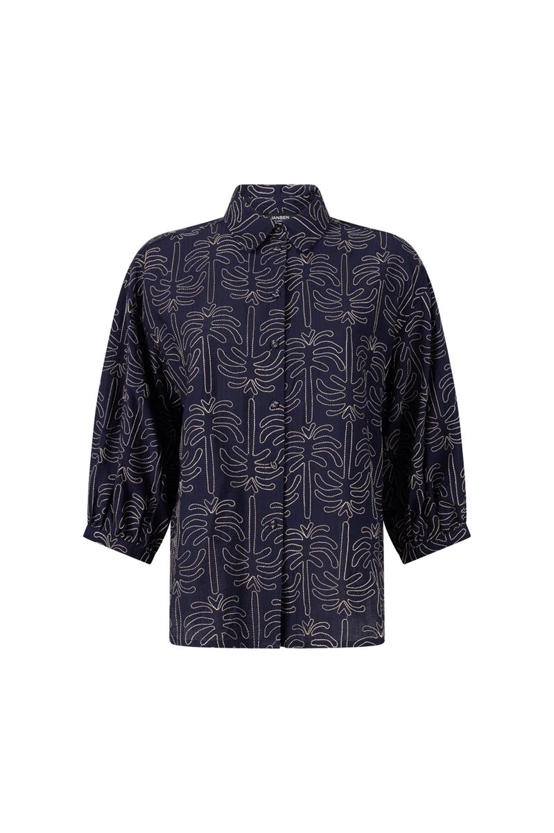 NURIA BLOUSE MET 3D PALMPRINT IN DONKERBLAUW