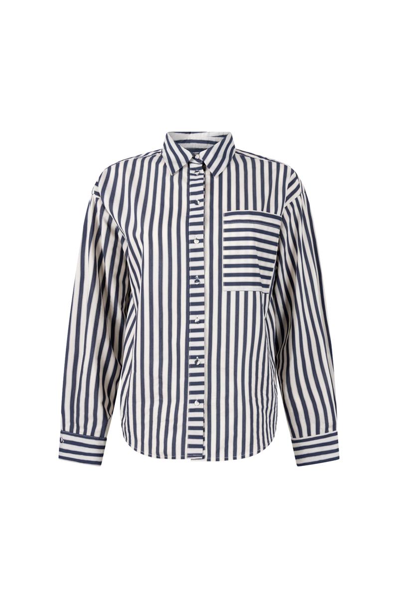 ROEKI STREEP BLOUSE IN DONKERBLAUW/CREME