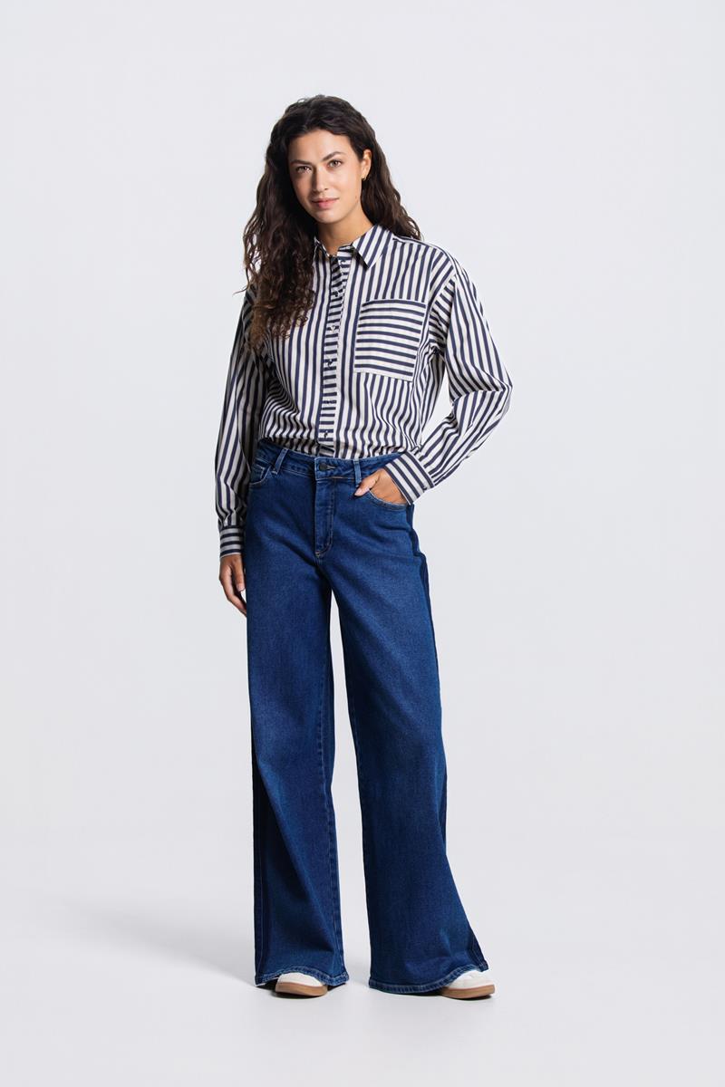 ROEKI STREEP BLOUSE IN DONKERBLAUW/CREME