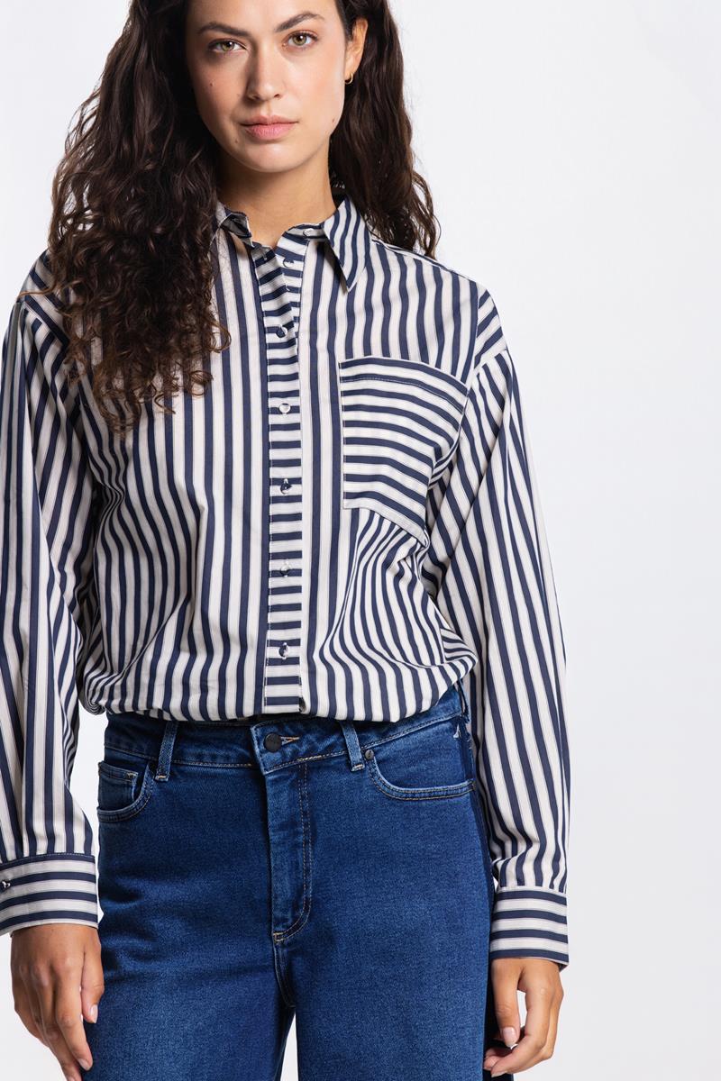 ROEKI STREEP BLOUSE IN DONKERBLAUW/CREME