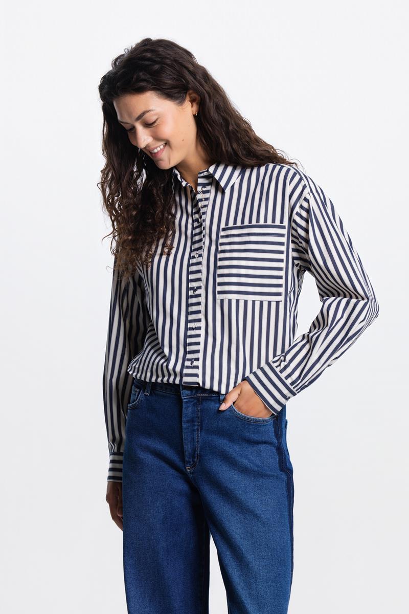 ROEKI STREEP BLOUSE IN DONKERBLAUW/CREME