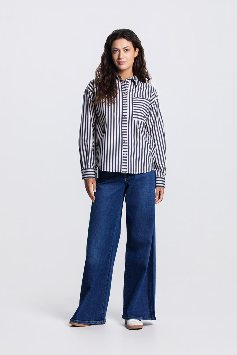 ROEKI STREEP BLOUSE IN DONKERBLAUW/CREME