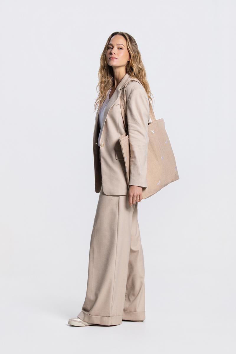 BAG TOTE BAG IN ZAND MET GEBORDUURDE HAKJES