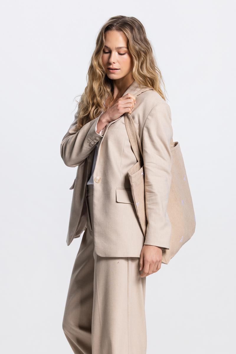 BAG TOTE BAG IN ZAND MET GEBORDUURDE HAKJES