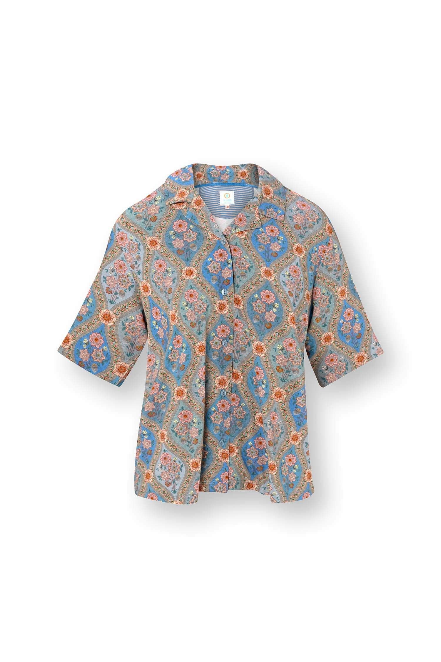 Flora Top Korte Mouw Ornamento Blauw